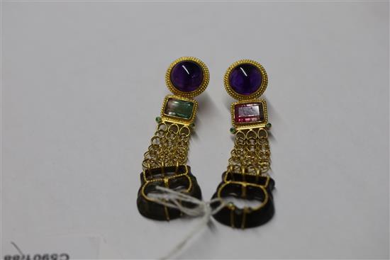 A pair of unusual 20th century etruscan style gold mounted gem and verdigris metal drop earrings, gross 27.7 grams.